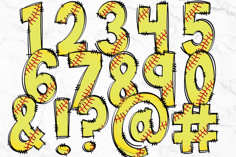 May include: Yellow and red softball-themed numbers 1 through 9, ampersand, exclamation point, question mark, at symbol, and pound sign. The numbers and symbols are outlined in black and have a stitched baseball pattern.
