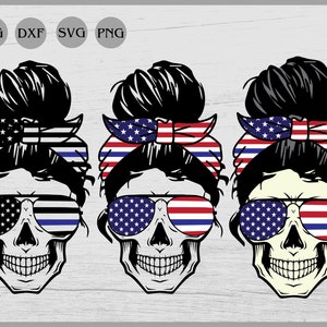 May include: Three skull illustrations with messy buns, sunglasses, and bandanas featuring the American flag design. The sunglasses have the American flag design. The image also includes the file type icons: JPG, DXF, SVG, and PNG.