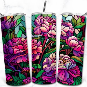 Peony Stained Glass 20oz Skinny Tumbler Sublimation Design Template, Digital Download, Flower Stained Glass, Floral Nature Tumbler