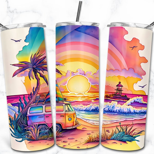 Beach Watercolor 20oz Skinny Tumbler Sublimation Design Templates, Digital Download Straight Tumbler Wrap PNG, Nature Animal Tumbler