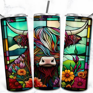 Vache Highland vitrail 20 oz gobelet skinny sublimation modèle, téléchargement numérique, vitrail PNG, gobelet Nature animale