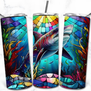 Requin vitrail 20 oz Skinny Tumbler Sublimation modèle de conception, enveloppement de verre droit en téléchargement numérique PNG, vitrail PNG