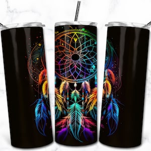 Neon Dream Catcher 20oz Skinny Tumbler Sublimacja Projekt Szablon, Alkoholowy Tusz Cyfrowy Pobierz Prosty Tumbler, Nature Animal Tumbler