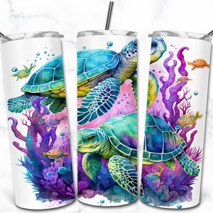 Sea Turtle Watercolor 20oz Skinny Tumbler Sublimation Design Templates, Digital Download Straight Tumbler Wrap PNG, Nature Animal Tumbler