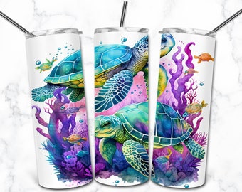 Sea Turtle Watercolor 20oz Skinny Tumbler Sublimation Design Templates, Digital Download Straight Tumbler Wrap PNG, Nature Animal Tumbler