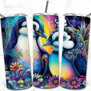 Plantillas de diseño de sublimación de vaso flaco de 20 oz de pingüino de neón, descarga digital de envoltura de vaso recto PNG, vaso de animales de la naturaleza
