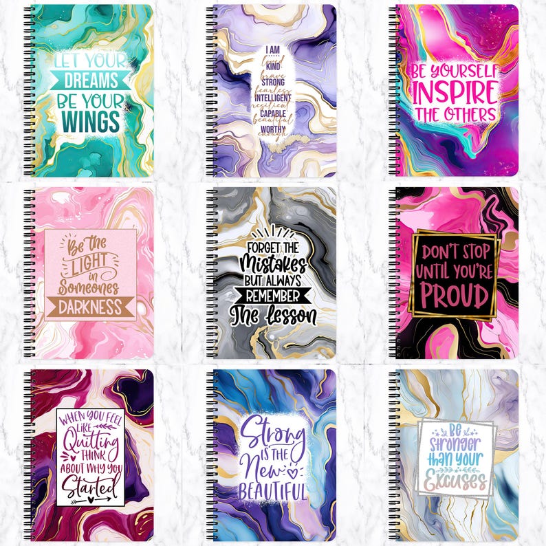 May include: Nine spiral-bound notebooks with inspirational quotes and abstract marble designs. The notebooks feature quotes like "Let Your Dreams Be Your Wings" and "Strong is the New Beautiful." Colors include teal, purple, pink, and gold.