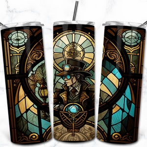 Steampunk Stained Glass 20oz Skinny Tumbler Sublimation Design Template, Digital Download Straight Tumbler Wrap PNG, Stained Glass PNG