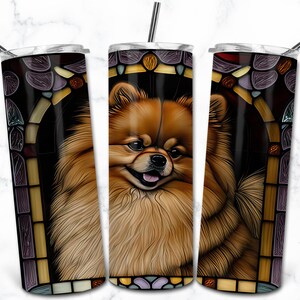 Poméranie vitrail 20 oz Skinny Tumbler Sublimation Design modèle, téléchargement numérique, vitrail chien PNG, Pet Lovers Wrap