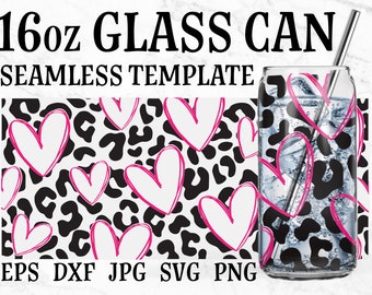 Herzen Leopard Beer Can Glas SVG, Libbey Glass svg, Tumbler wrap, libbey Vorlage svg, Tumbler Template svg, Beer Can Sublimation