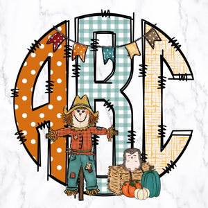 May include: A round monogram with the letters A, B, and C in a black outline. The letters are filled with different patterns: orange with white polka dots, blue and white gingham, and yellow with white stripes. A scarecrow with a red and white plaid shirt and blue jeans stands in front of the monogram. A hedgehog sits on a bale of hay with a pumpkin and a green gourd.