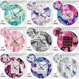 May include: A collection of nine decorative wall clocks, each 12 inches in diameter, with inspirational quotes and marble-like backgrounds. The clocks feature Roman numeral hour markers and various color schemes, including blue, purple, and pink.