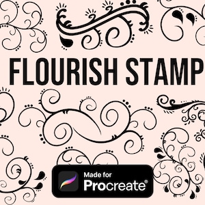 May include: A set of black and white flourish stamp brushes for Procreate. The brushes are designed to add a decorative touch to digital art and illustrations.