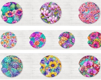 Car Coaster Sublimation Bundle, Floral Car Cup Holder, Car Freshener Round Sublimation Designs, Drink Holder Sublimation Template
