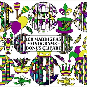 Mardi Gras Doodle Monogram Bundel, Monogram bijpassende clipart, Ronde Doodle Monogram png, Monogram Alfabet, Initialen png, Monogram Lettertype,