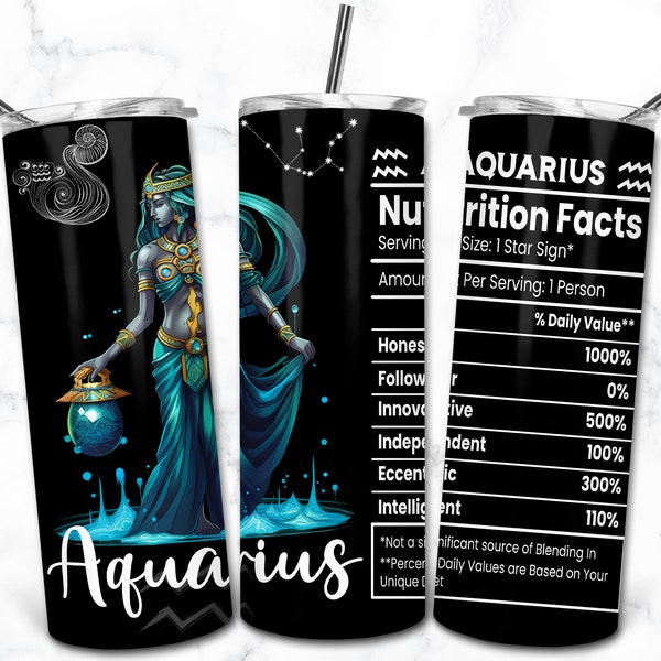 Aquarius Zodiac Bundle 20 oz Skinny Tumbler Sublimation Design, Star Sign Nutrition, Astrology Tumbler Wrap PNG, Celestial Sign Astrologer