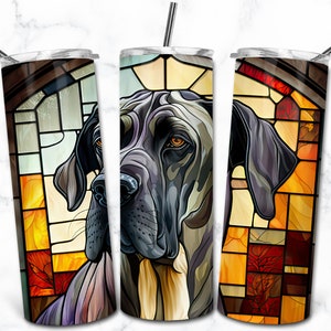 Modèle de conception de sublimation de gobelet maigre 20 oz vitrail dogue allemand, téléchargement numérique, vitrail chien PNG, emballage pour les amoureux des animaux de compagnie