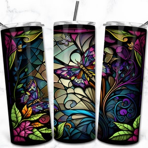 Modèle de conception de sublimation de gobelet maigre 20 oz vitrail papillon, téléchargement numérique droit gobelet Wrap PNG, vitrail PNG