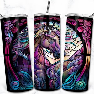 Modèle de conception de sublimation de gobelet maigre 20 oz en vitrail cheval, téléchargement numérique gobelet droit Wrap PNG, vitrail PNG