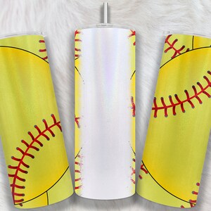 May include: Three stainless steel tumblers with a yellow softball design. The tumblers have a white, iridescent finish and a red stitching design on the softball.