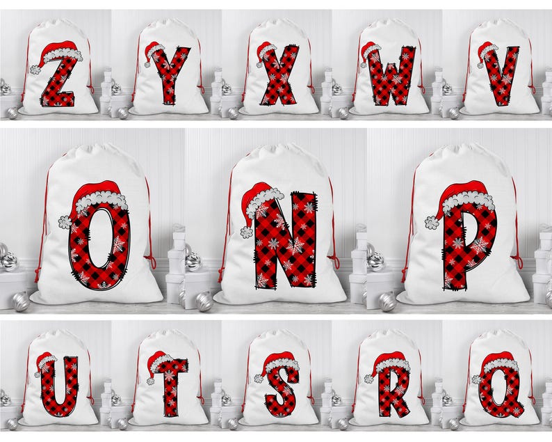 May include: Set of 12 white Christmas gift bags with red and black buffalo plaid letters and Santa hats. The letters spell out the alphabet from Q to Z.