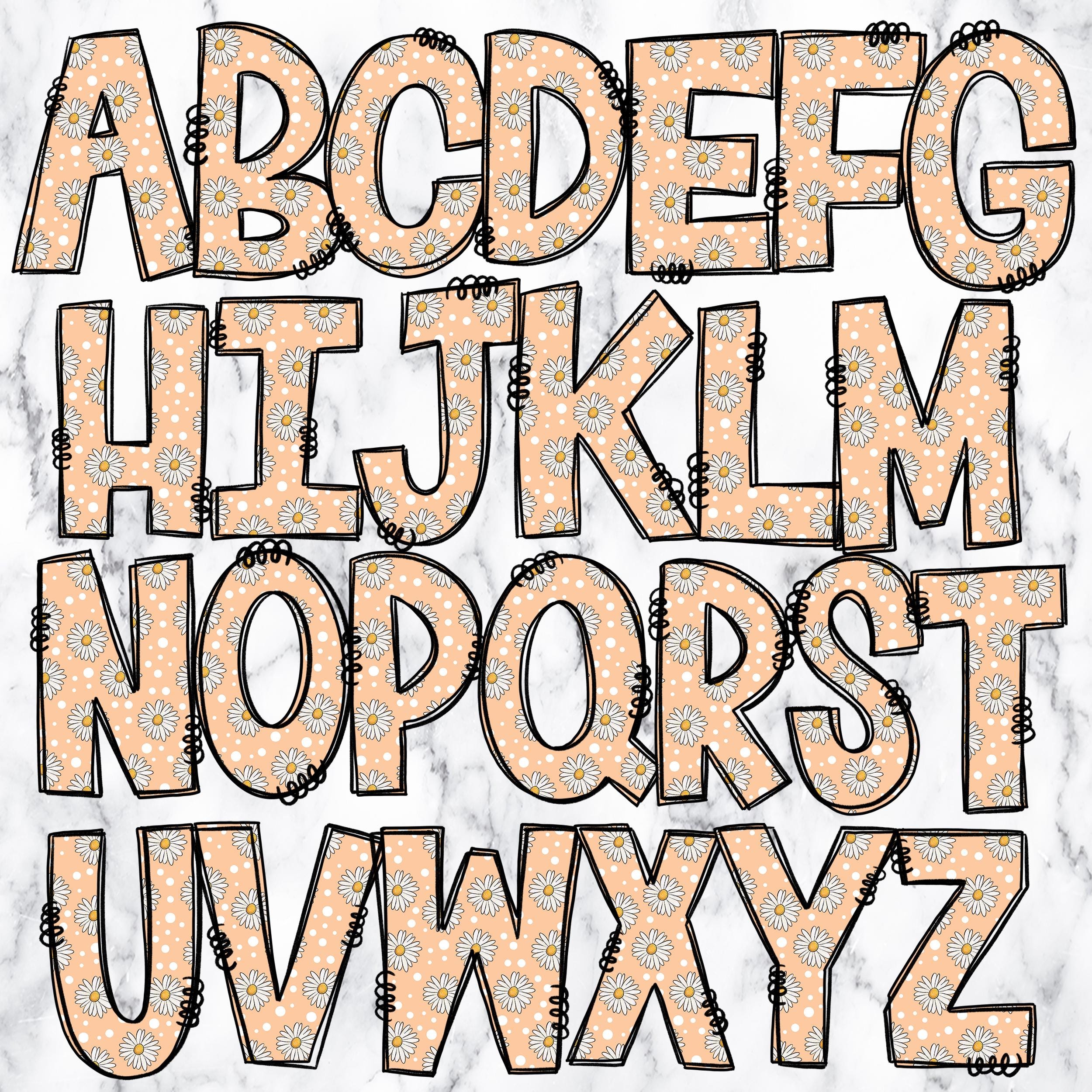 Daisy Doodle Letters Alphabet PNG Bundle, Flower Alphabet Clipart ...