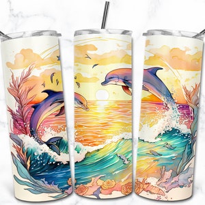 Delfin Aquarell 20 Unzen Skinny Becher Sublimation Design-Vorlagen, digitaler Download gerade Becher Wrap PNG, Natur Tier Becher