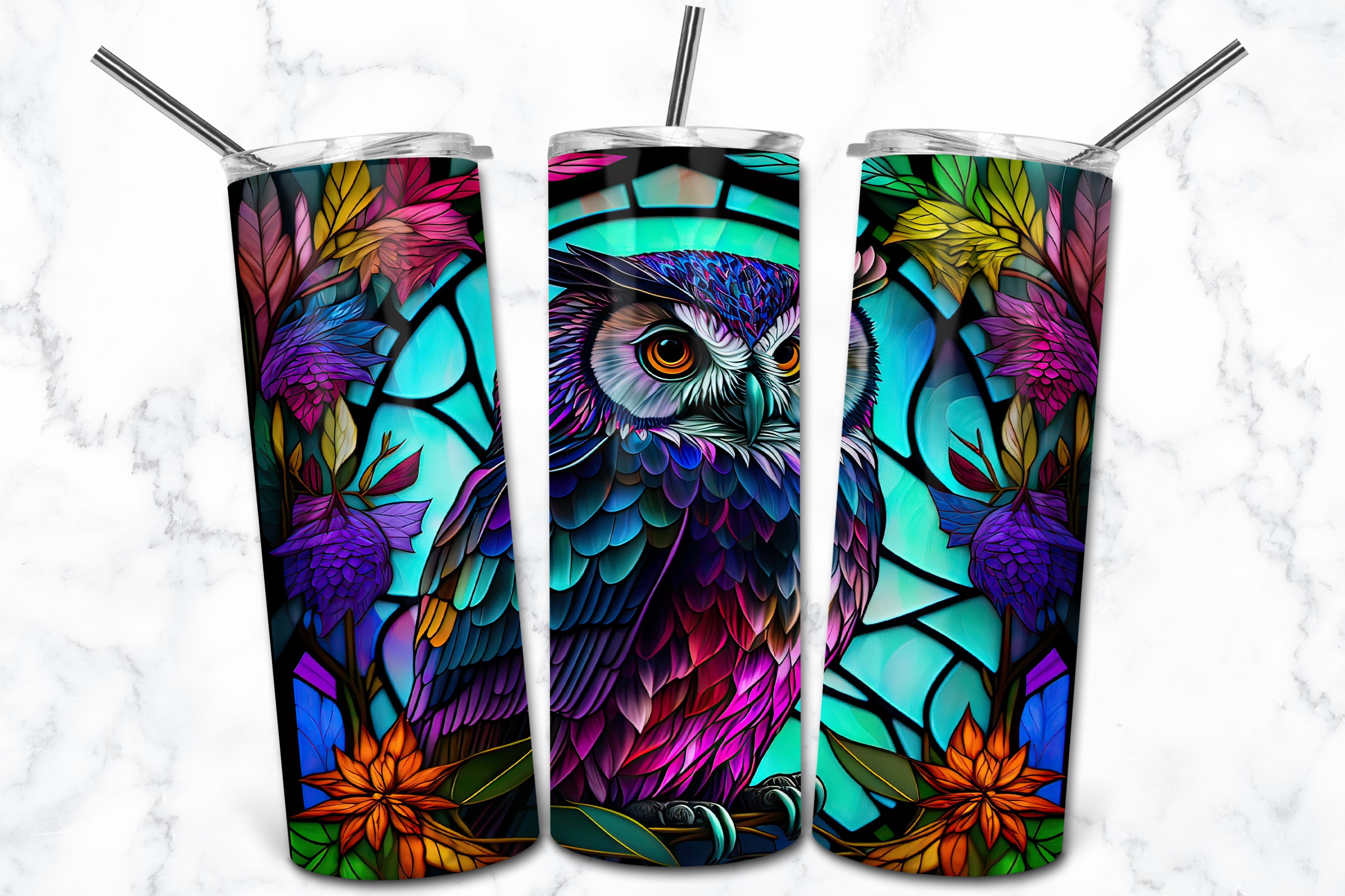 Owl Stained Glass 20oz Skinny Tumbler Sublimation Design Template, Digital Download, Stained Glass P