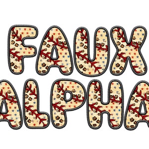 Può includere: Testo Faux Alpha in un font a tema baseball con stelle rosse, bianche e blu e un motivo leopardato.