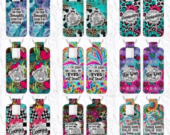 May include: Set of 20 colorful keychains with various designs and sayings.  The keychains feature a variety of patterns, including floral, paisley, and geometric designs.  Some of the sayings include "A Penny for Your Thoughts", "I'm Sorry Did I Roll My Eyes Out Loud?", "The Days You Distract", "Energy", "Feelings", and "Feeling Kinda IDGAF-ISH Today".