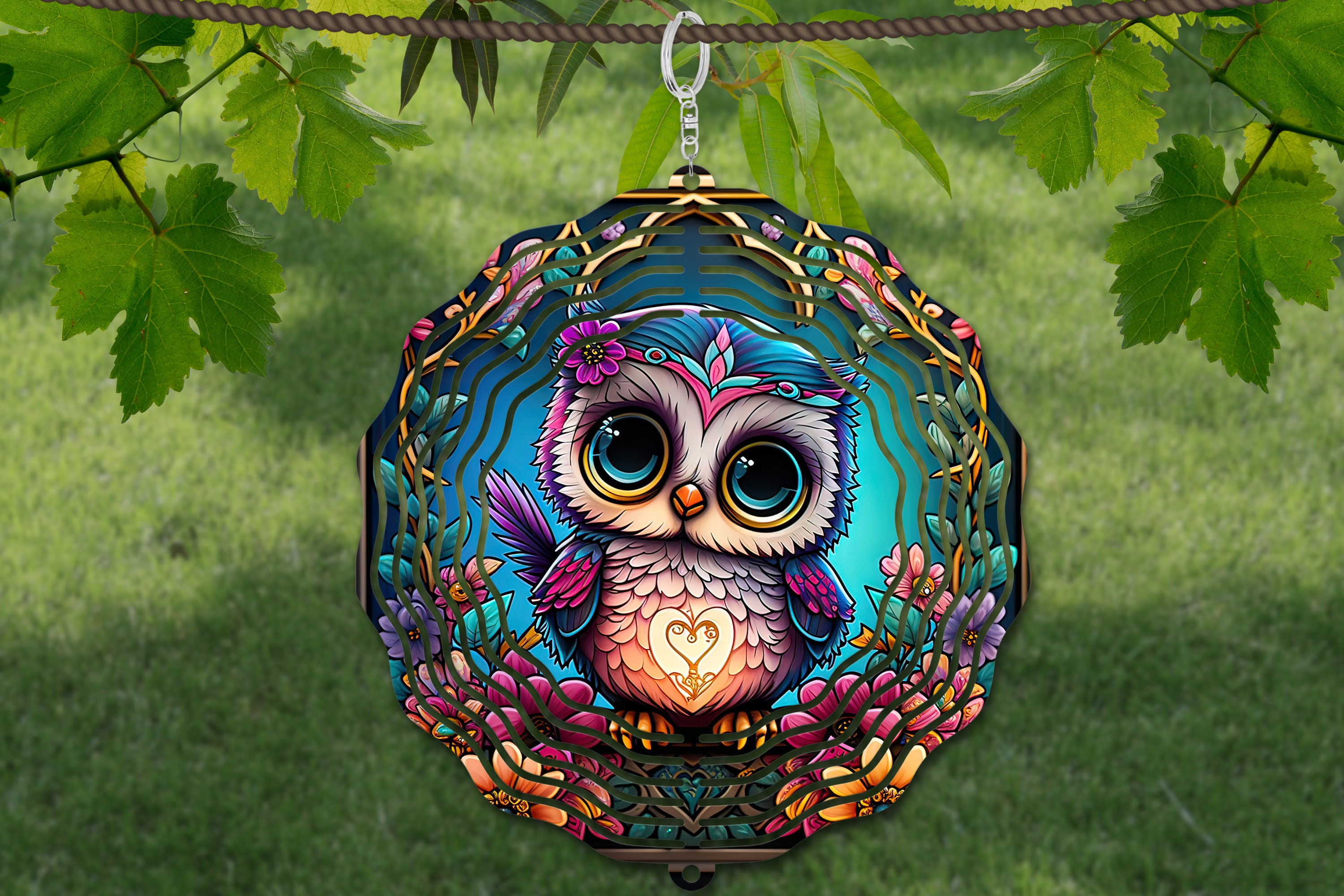 Owl Wind Spinner Stained Glass Sublimation Design Template, Wind Spinner SVG, 10 inch Round Sublimat