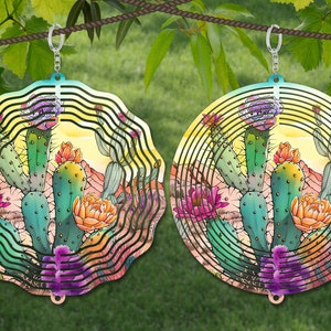 Cactus Wind Spinner aquarel sublimatie ontwerpsjabloon, Wind Spinner SVG, 10 inch ronde sublimatie, ronde hangende spinners png,