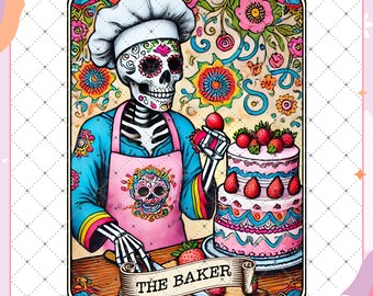 The Baker grappige tarotkaart png, sarcastische vloekende skeletschedel, snarky heksende tarot, trendy sublimatie png, humor sarcasme png