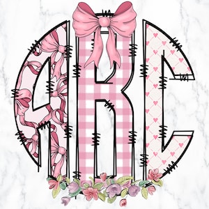 Lettere scarabocchio monogramma Coquette, lettere fiocco monogramma personalizzato floreale carino, tote sublimazione Coquette nome lettera scarabocchio