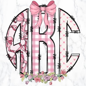 Coquette Monogram Doodle Letters, Monogram Bow Letters Personalised Cute Floral, Coquette Sublimation Tote Name Doodle Letter