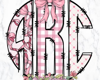 Coquette Monogram Doodle Letters, Monogram Bow Letters Personalised Cute Floral, Coquette Sublimation Tote Name Doodle Letter