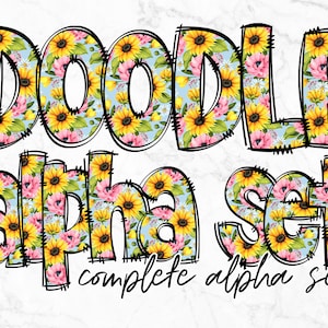 Pacote de letras do alfabeto floral PNG, clipart do alfabeto, doodle floral desenhado à mão, conjuntos alfa de sublimação PNG