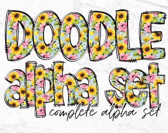 Pacchetto PNG di lettere dell'alfabeto floreale, Clipart dell'alfabeto, Doodle disegnato a mano floreale, Disegni di set alfabetici a sublimazione PNG
