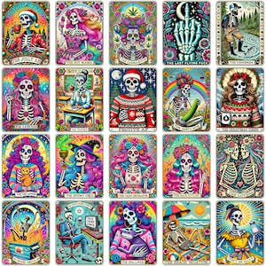 May include: A set of 20 colorful tarot cards featuring skeletons in various poses and settings. Each card has a title and a unique design. The cards are perfect for a spooky and fun tarot reading.