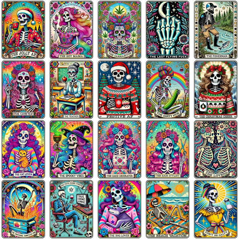 May include: A set of 20 colorful tarot cards featuring skeletons in various poses and settings. Each card has a title and a unique design. The cards are perfect for a spooky and fun tarot reading.