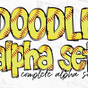 Pacote de letras do alfabeto de softball PNG, clipart de alfabeto, rabisco desenhado à mão de softball, designs de conjunto alfa de sublimação PNG