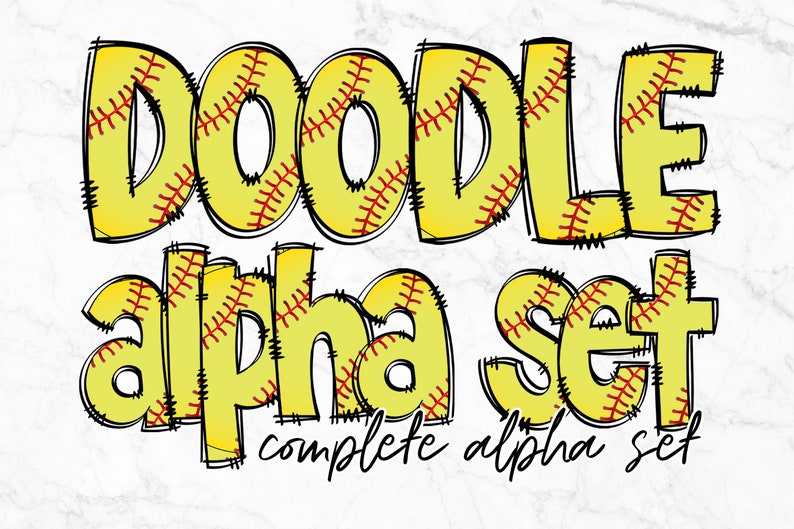 May include: A set of yellow and red softball-themed alphabet letters with black outlines. The letters are in a doodle style and the text "Doodle alpha set complete alpha set" is below the letters.