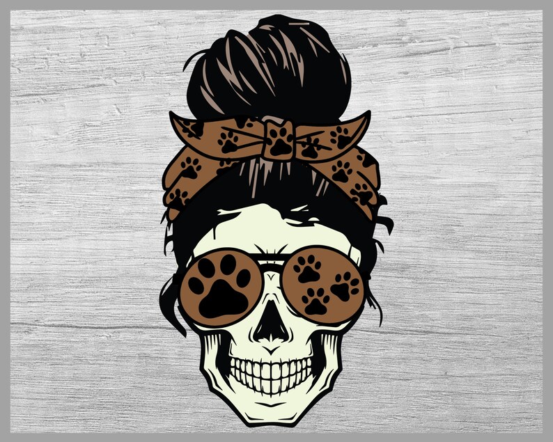 May include: A white skull with a black bun hairstyle, wearing brown sunglasses with paw print designs and a brown bandana with paw print designs.