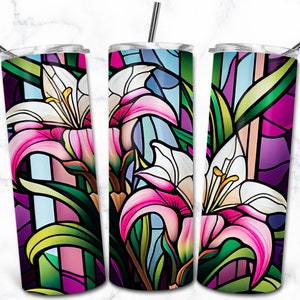 Lily Stained Glass 20oz Skinny Tumbler Sublimation Design Template, Digital Download, Flower Stained Glass, Floral Nature Tumbler