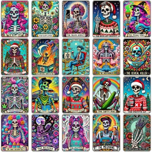 May include: A set of 16 colorful digital illustrations featuring skeletons in various poses and settings. Each illustration has a title and a short description. The illustrations are in a cartoon style and feature bright colors and bold lines.