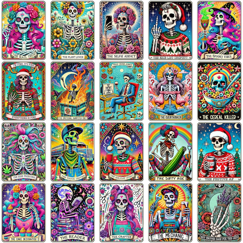 May include: A set of 16 colorful digital illustrations featuring skeletons in various poses and settings. Each illustration has a title and a short description. The illustrations are in a cartoon style and feature bright colors and bold lines.