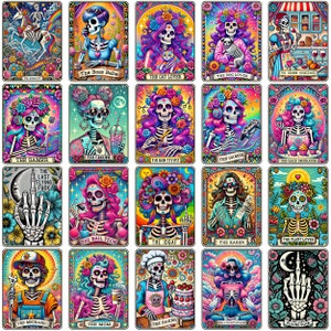 May include: A set of 16 colorful digital illustrations featuring a skeleton with different hairstyles and accessories. Each illustration is framed with a colorful border and includes a title describing the skeleton's personality. The titles include "The Boss Babe", "The Cat Lover", "The Dog Lover", "The Drunk Housewife", "The Gamer", "The Groupa", "The Hair Stylist", "The Cake Decorator", "The Last Flying Fuck", "The Nail Tech", "The IDGAF", "The Karen", "The Plant Lover", "The Mechanic", "The Mom", "The Baker", "The Overthinker", and "The Last Flying Fuck".