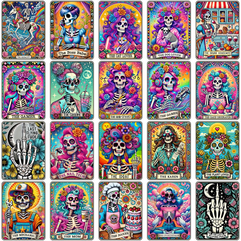 May include: A set of 16 colorful digital illustrations featuring a skeleton with different hairstyles and accessories. Each illustration is framed with a colorful border and includes a title describing the skeleton's personality. The titles include "The Boss Babe", "The Cat Lover", "The Dog Lover", "The Drunk Housewife", "The Gamer", "The Groupa", "The Hair Stylist", "The Cake Decorator", "The Last Flying Fuck", "The Nail Tech", "The IDGAF", "The Karen", "The Plant Lover", "The Mechanic", "The Mom", "The Baker", "The Overthinker", and "The Last Flying Fuck".