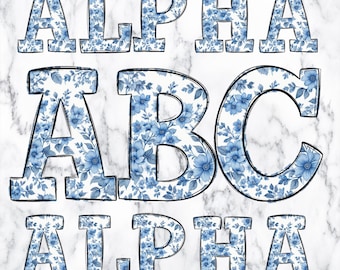 Chinoiserie Floral Doodle Letters PNG Bundle, Blue Toile Alpha Clipart, Blue and White Flower Floral Doodle, Sublimation Alpha Set PNG