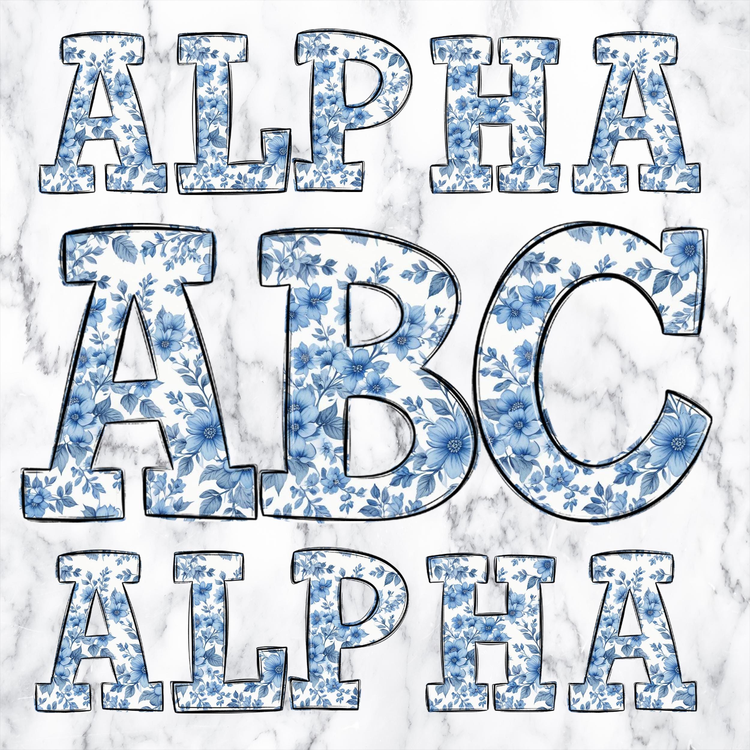 Chinoiserie Floral Doodle Letters PNG Bundle, Blue Toile Alpha Clipart ...